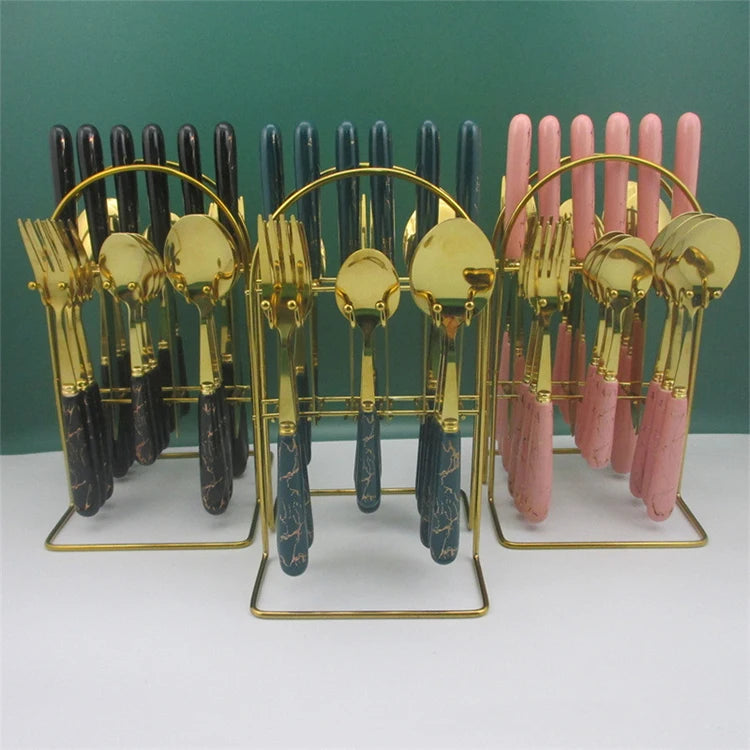 Ceramic Handle Spoon Fork and Knife Set 24 Piece Luxury Gold Stainless Steel Flatware Cutlery Set with Holder