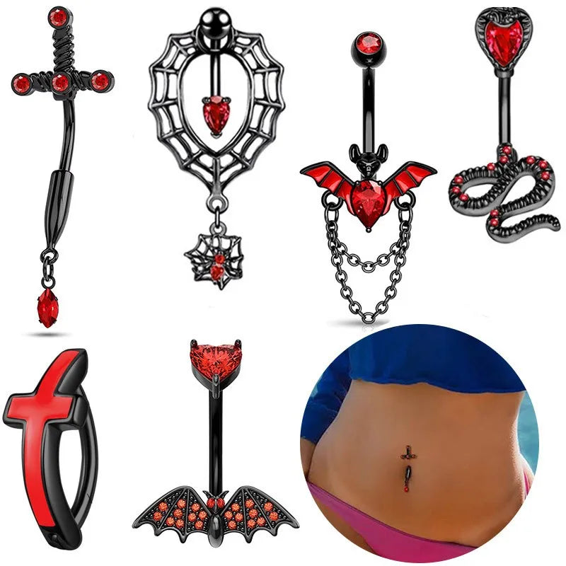 Stylish Dark Style Gothic Bat Children's Belly Piercing Stainless Steel Zircon Belly Button Ring for Wedding Engagement