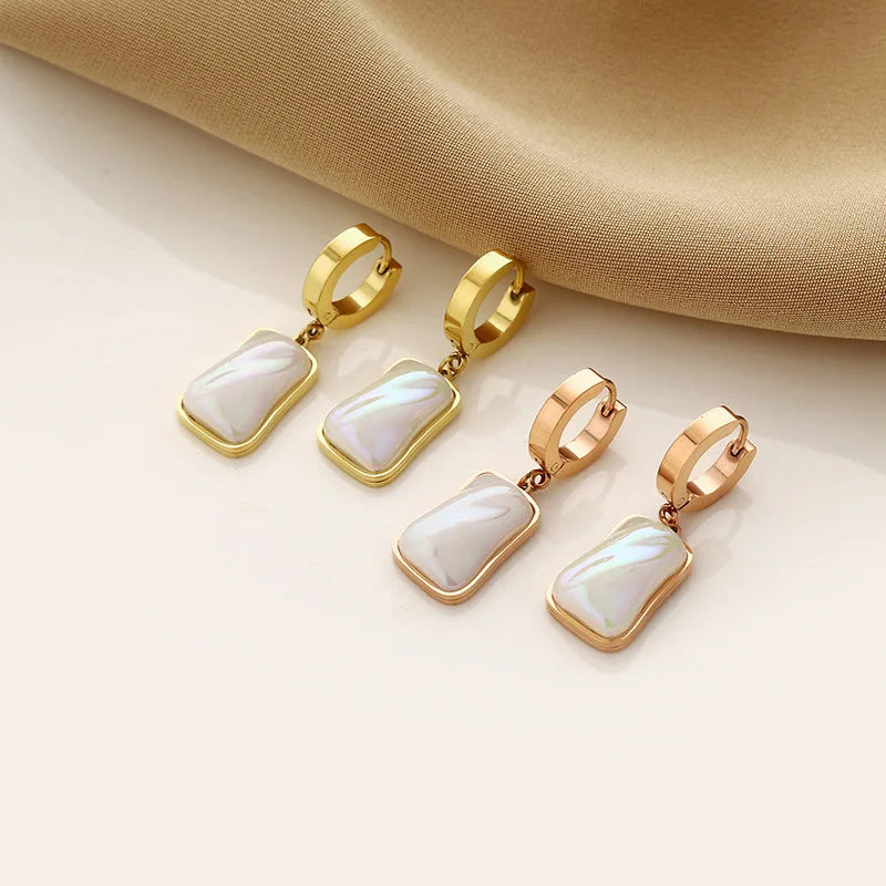 Vintage Stainless Steel 18k Gold Plated Geometric Dangle Artificial Pearl Beads Charm Drop Earring Unisex Fashion