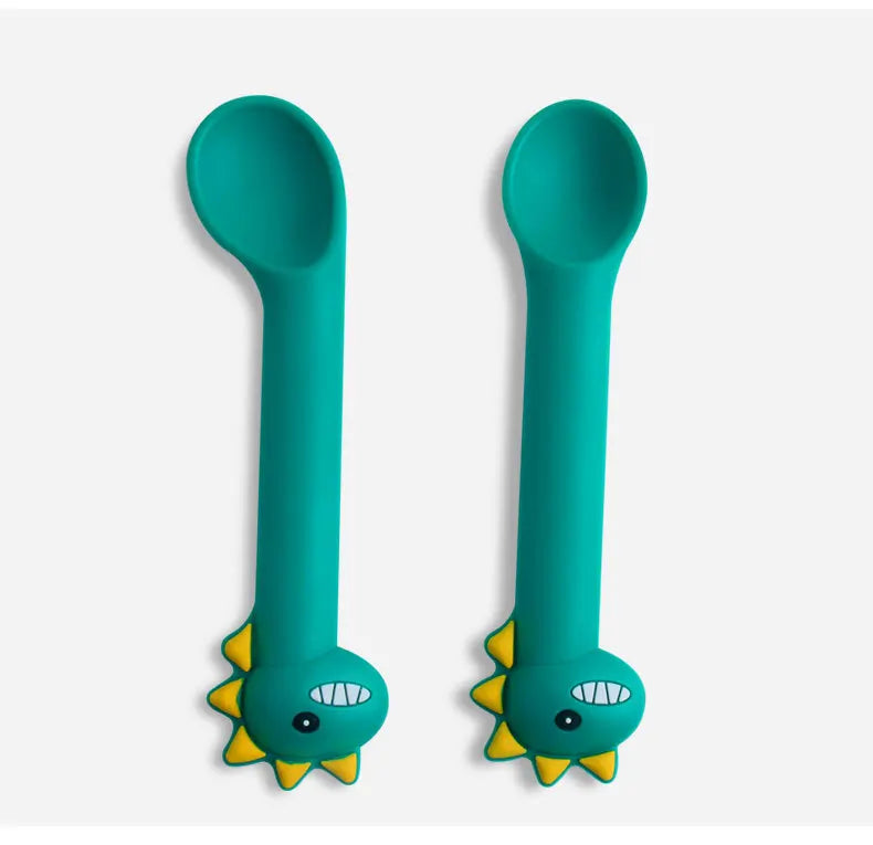 BPA-Free Food Grade Soft Rubber Toddler Training Spoon Set Silicone Baby Fork and Spoon with Soft-Tip for Easy Dining