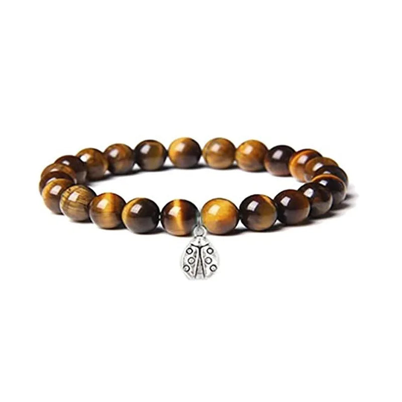 8mm Natural Stone Tiger Eye Turquoise Beaded Elastic Bracelet Seven Star Ladybug Pendant Bracelet