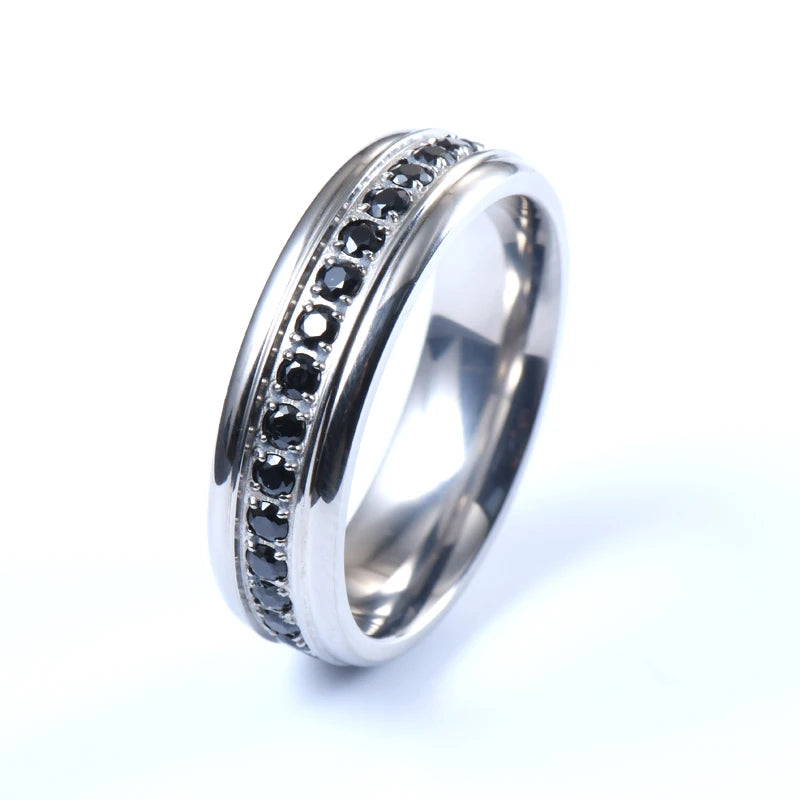 Unisex 6mm Eternity Titanium Wedding Band Comfort Fit Black Cubic Zirconia Inlay Geometric Shape for Men Women's Engagement Gift
