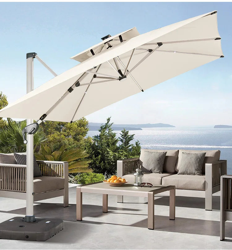 Outdoor Umbrella 3.0m X 3.0m Square Cantilever Parasol with LED Light & Cover - With Marble Base/water tank Base
