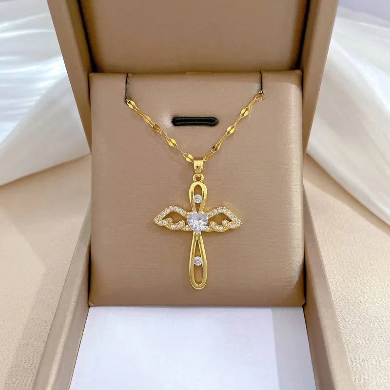 Luxury Fashion 18K Gold Zircon Cross Pendant Angel Wing Necklace Fine Jewelry Women Ladies Female Stainless Steel Necklaces