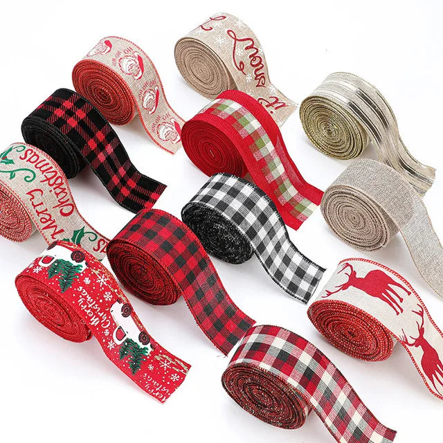 Vintage Christmas Plaid Burlap Ribbon Wired Wrapping for Gifts Xmas Tree Crafts DIY Floral Bows Wreath