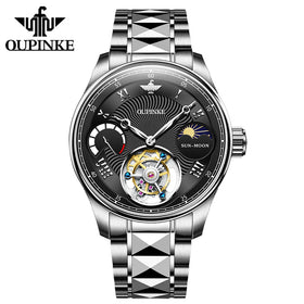 OUPINKE 8001 Oem logo Automatic Fashion Watch Tungsten Steel Luminous Business Skeleton Hollowed Watch Tourbillon Watch for Man