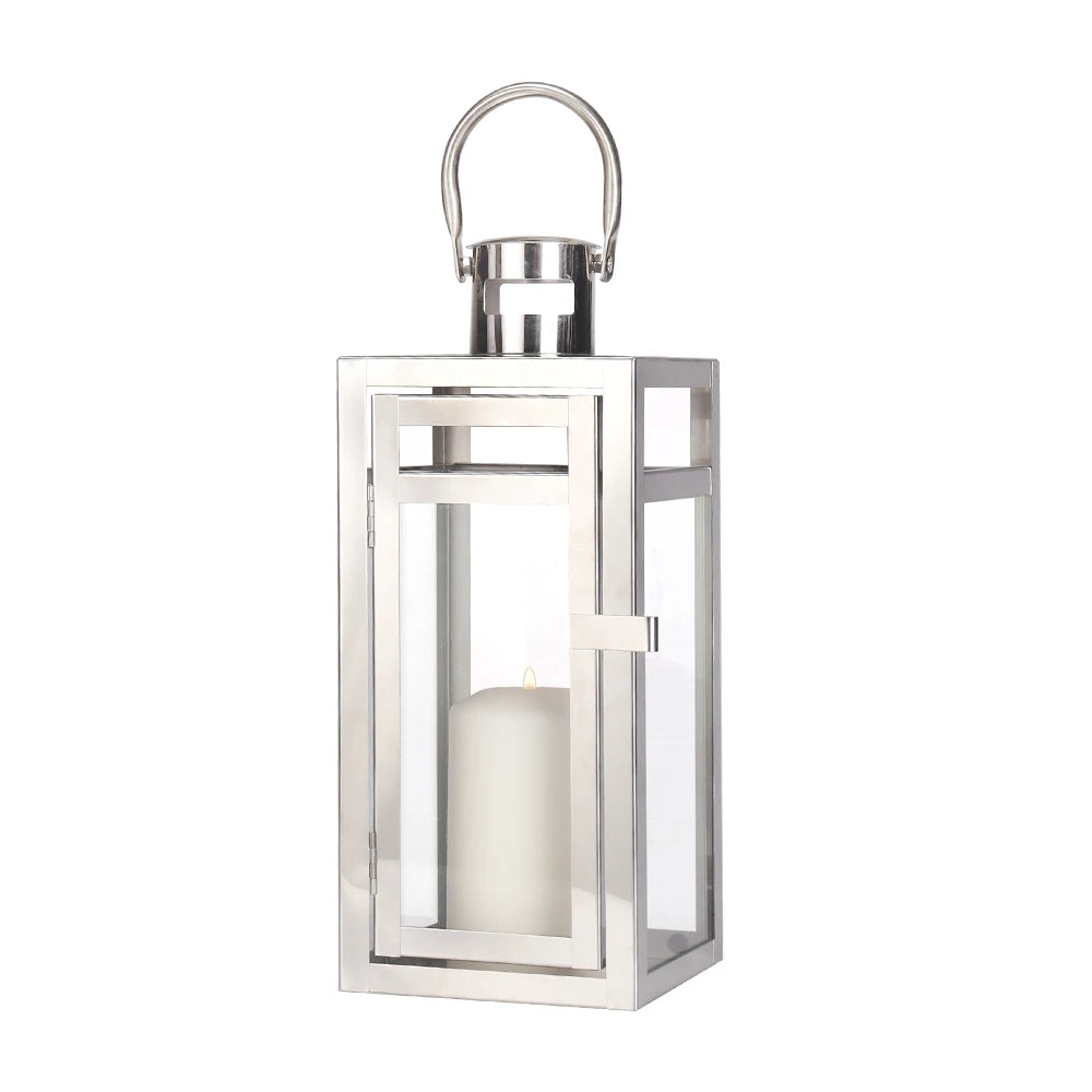 Small Metal & Glass Stainless Steel Silver Candle Lantern Tall Outdoor Decorative Candle Holders for Pillar Candle
