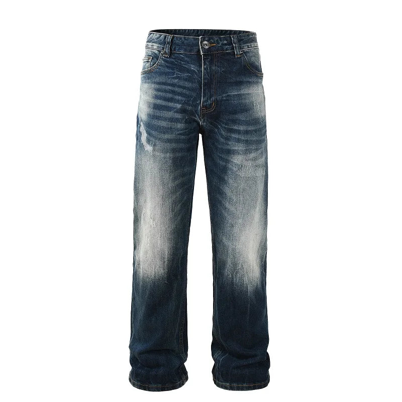 Blue High Street Men's Oversize Straight Denim Jeans Loose Fit Wide Leg Casual Cotton Pants Quality Calca Trousers Summer Washed