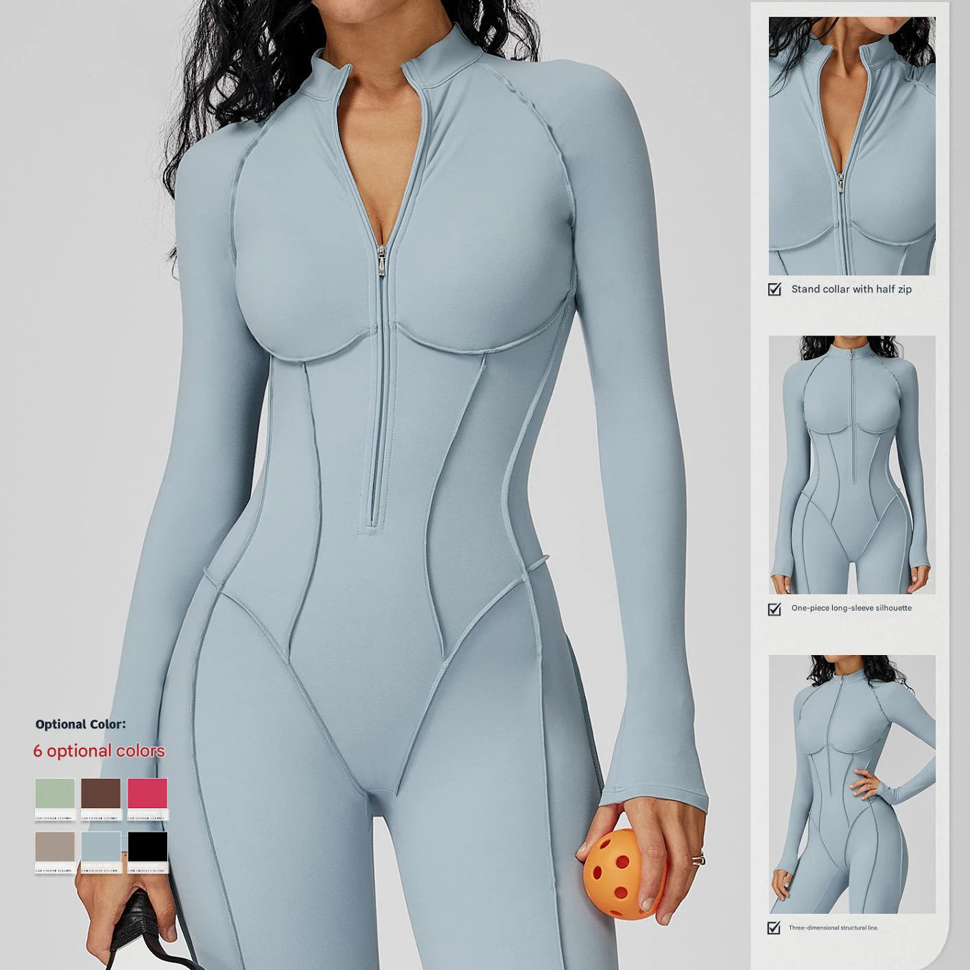 Lanyu Women's Long Sleeve One Piece Workout Romper Front Zipper Sweat-Wicking Quick Dry Four-Way Stretch Breathable