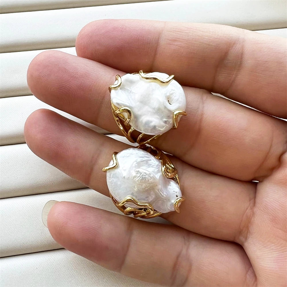 Natural Freshwater Pearl Gold Plated Ring White Baroque Pearl Adjustable Rings Fashion Jewelry for Party Wedding Women Gifts