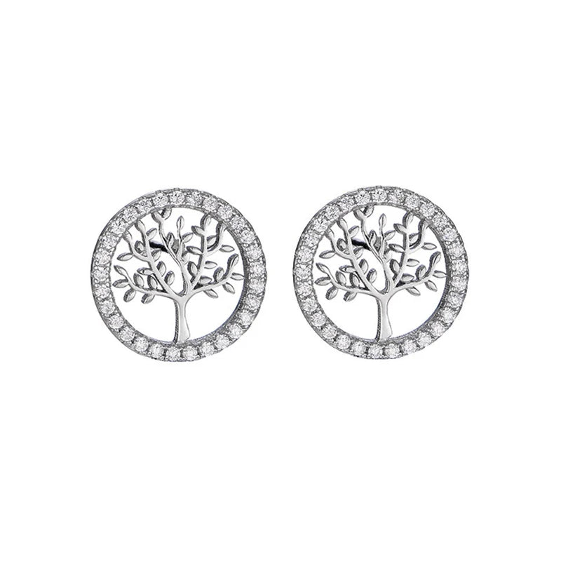 YC152 Personality Family love Jewelry 925 Sterling Silver Round Zircon Tree of Life Stud Earrings