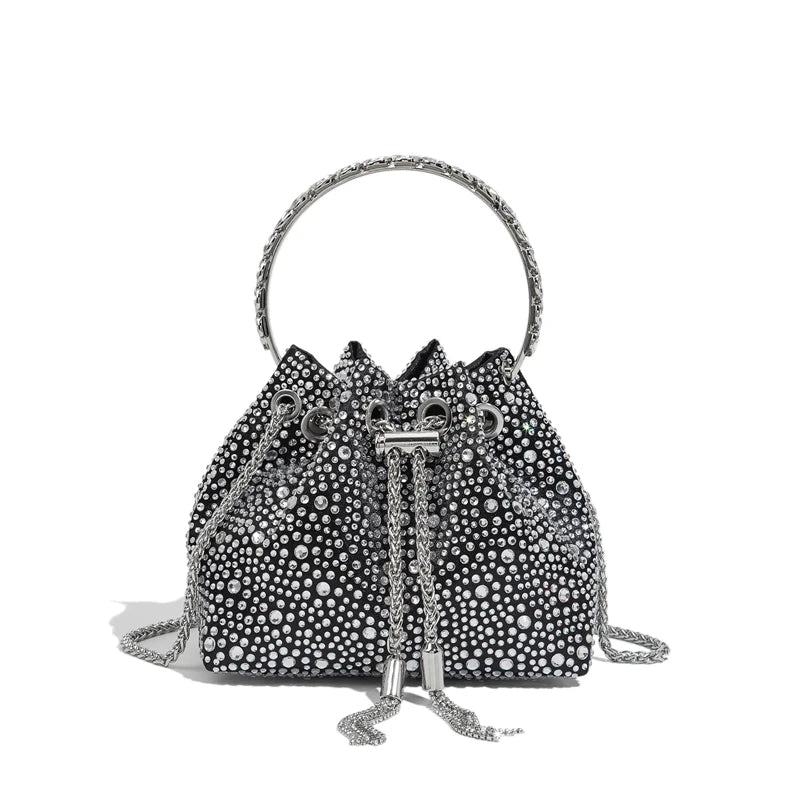 Trendy Silver Small Bling Bling Clutch Purse Bucket Shoulder Bag Handbag Ring Full Rhinestone Lattice Drawstring Party Evening