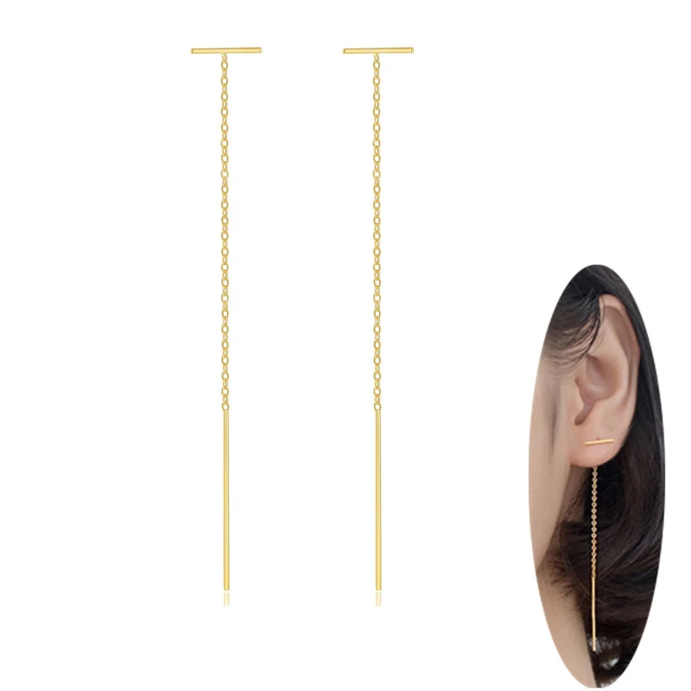 Minimalist Gold Plated 925 Sterling Silver Bar Chain Thread Earrings Rod Long Link Chain Tassel Dangle Threader Needle Earrings