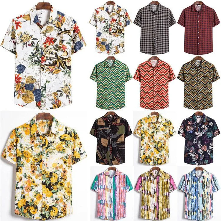Summer Fashion Breathable Polyester Cotton Heat-Transfer Printed Floral Poplin Casual Designer Check Shirts for Men