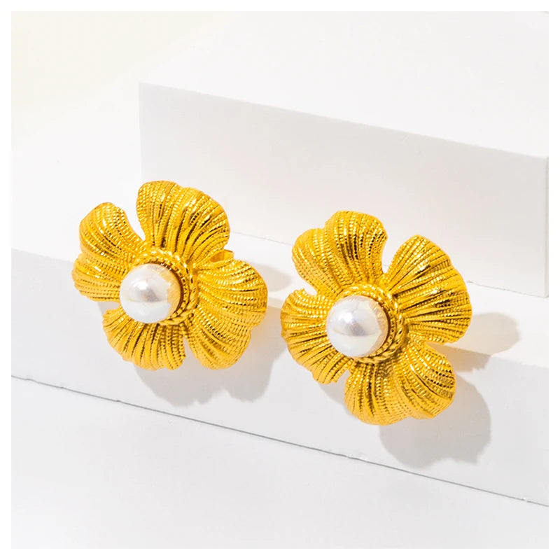 Powell New Arrival 18K Gold Jewelry Flower PVD Stud Earrings Zircon Pearl Waterproof Stainless Steel Non-Tarnish Trendy Style