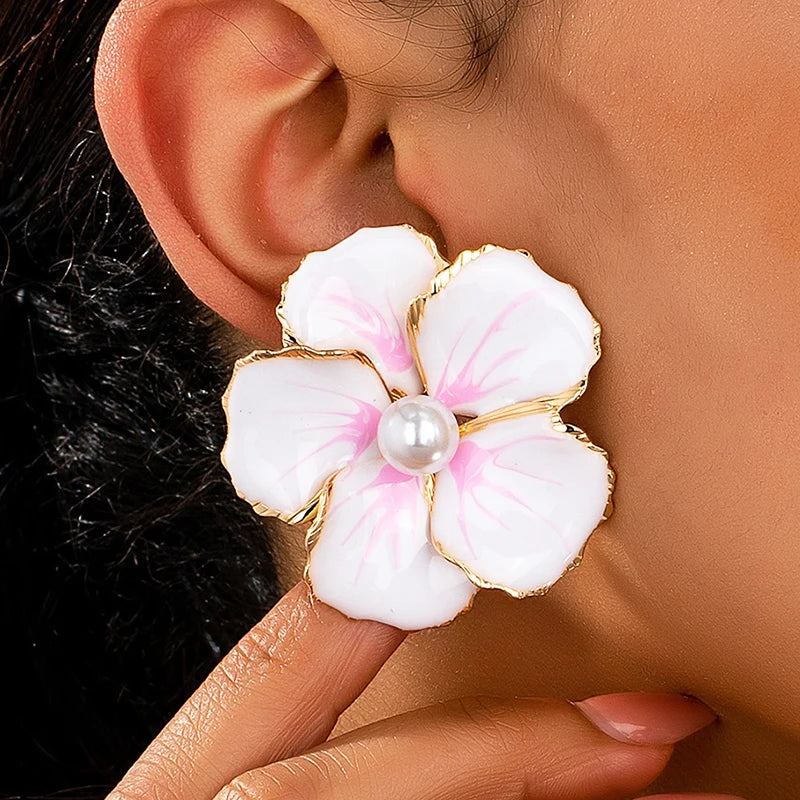 KAIMEI 2025 New Arrival Fashion Jewelry pink Artificial Pearl Flower Drop Glazed Design Earrings Enamel Flower Stud Earrings