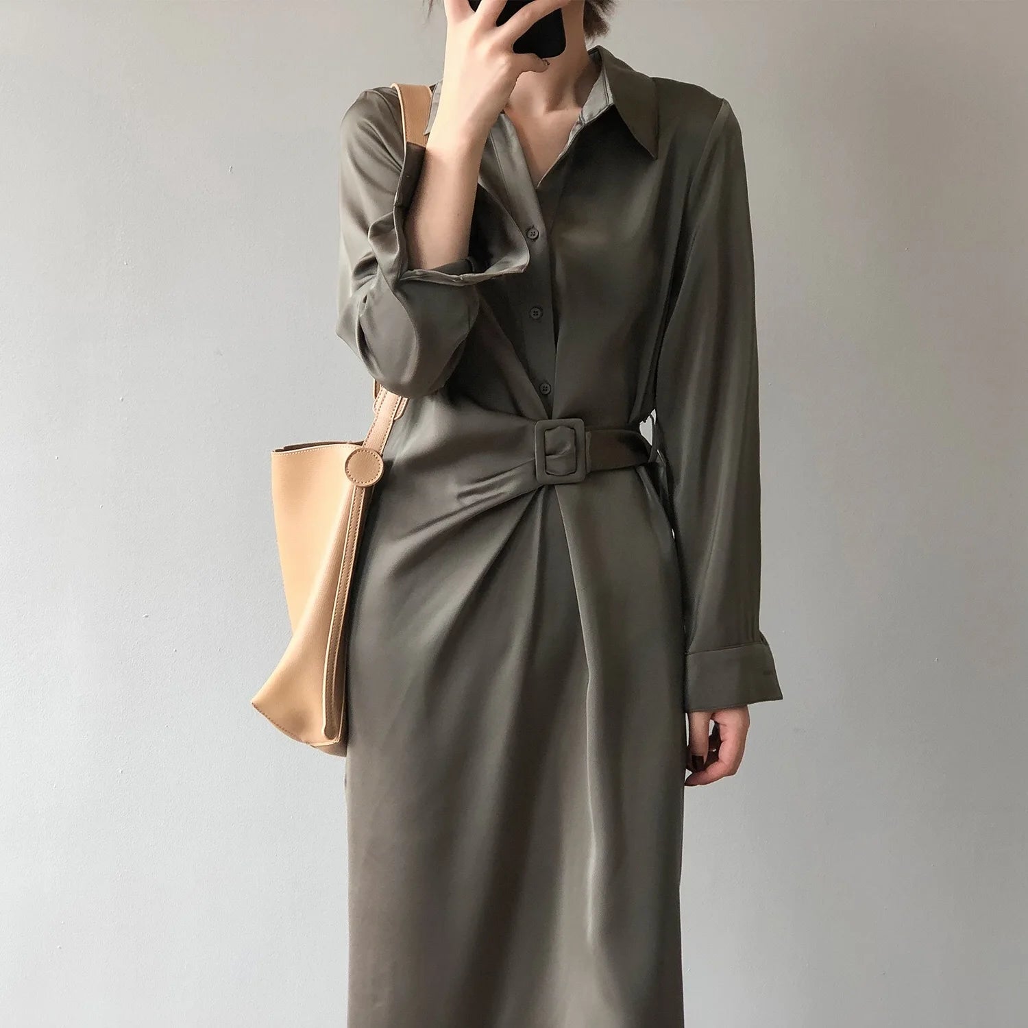 Wholesale 2026 Autumn New Fashion Simple Korean Style Design Niche Temperament Long Skirt Satin Shirt Women Dress