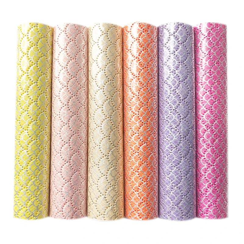 Wholesale Faux Leather Laser Fish Scale Scalloped Embossing Leatherette Fabric for Making Hair Bow Soft Faux Leather Materials