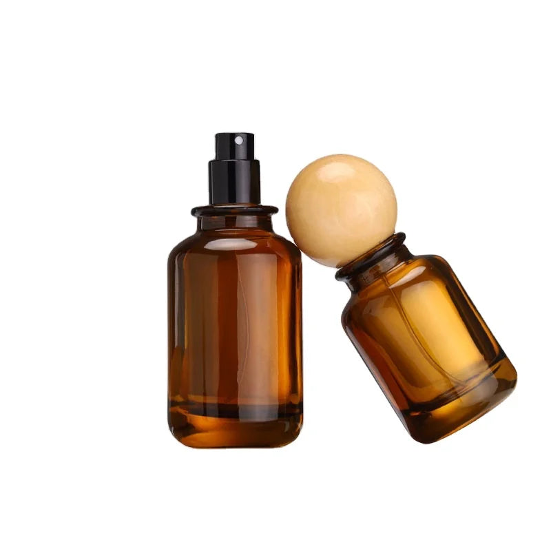 30ml 50ml 100ml Brown Glass Perfume Spray Bottle with Wood Cap
