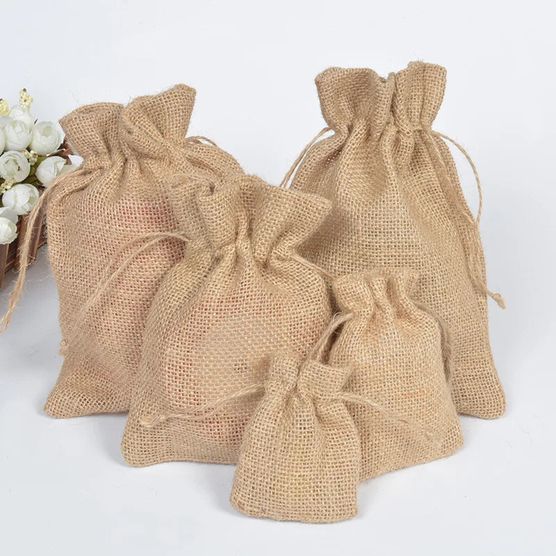 Custom Logo Small Brown Burlap Gift Draw String Pouch Custom Natural Hessian Large Jute Drawstring Bag