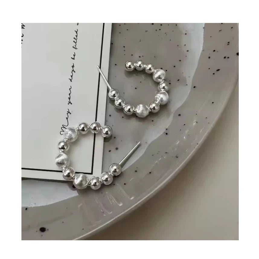 Vintage Style 925 Sterling Silver Big Small Round Beaded Hoop Earrings for Women Girls Gift