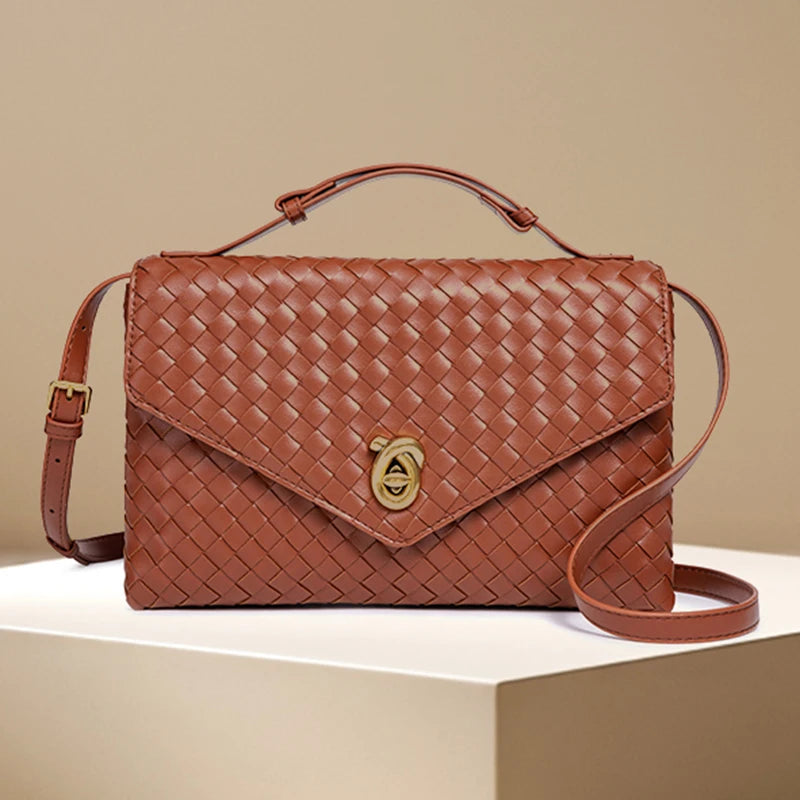 Hot Women Woven Flap Crossbody Hand Bags with Lock & Removable Strap Fashion Trends Messenger Bag Ladies Elegant Shoulder Bag