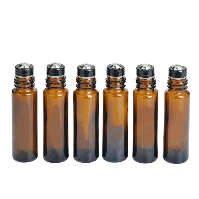 10 ml Essential Oils Amber Glass Steel Roller Bottle Black Roller Tray Roll on Perfume Bottles with Custom Silk Printing Logo