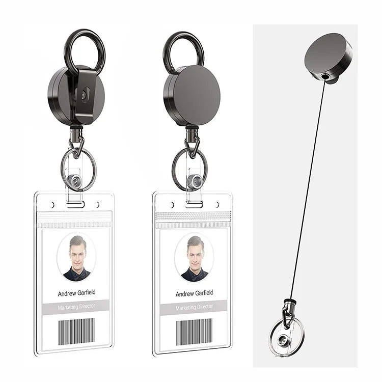 Metal Zinc Alloy ID Badge Outdoor Heavy Duty Wire Rope Key Ring Tactical Retractable Metal Badge Reels Holder Keychain