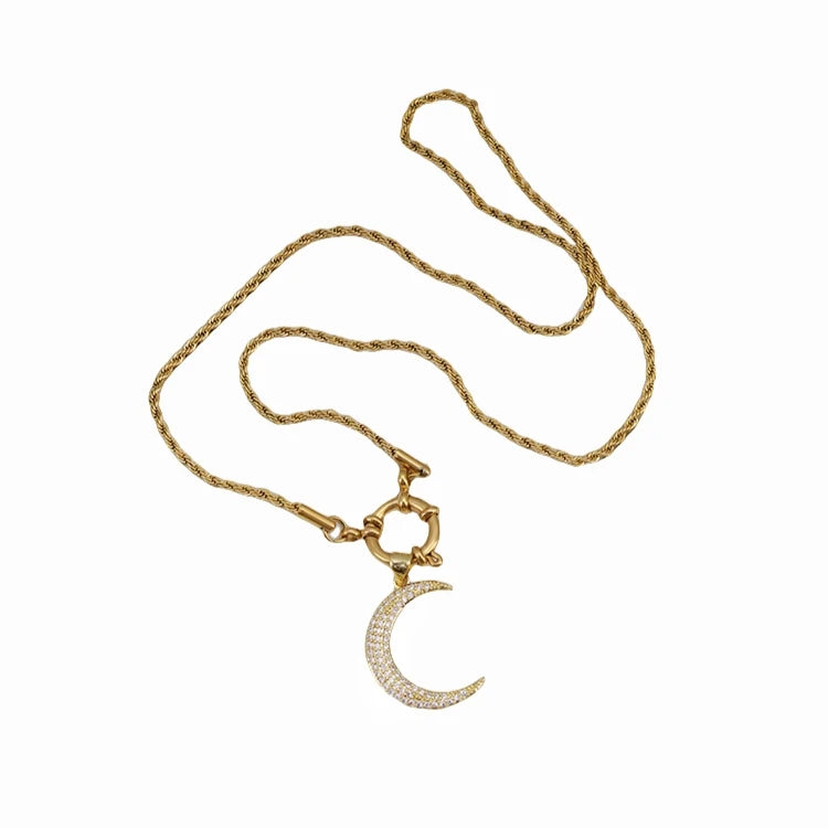 Round Spring Ring Clasp Necklace Gold Plated Stainless Steel Rope Chain Moon Charm Pendant Necklace