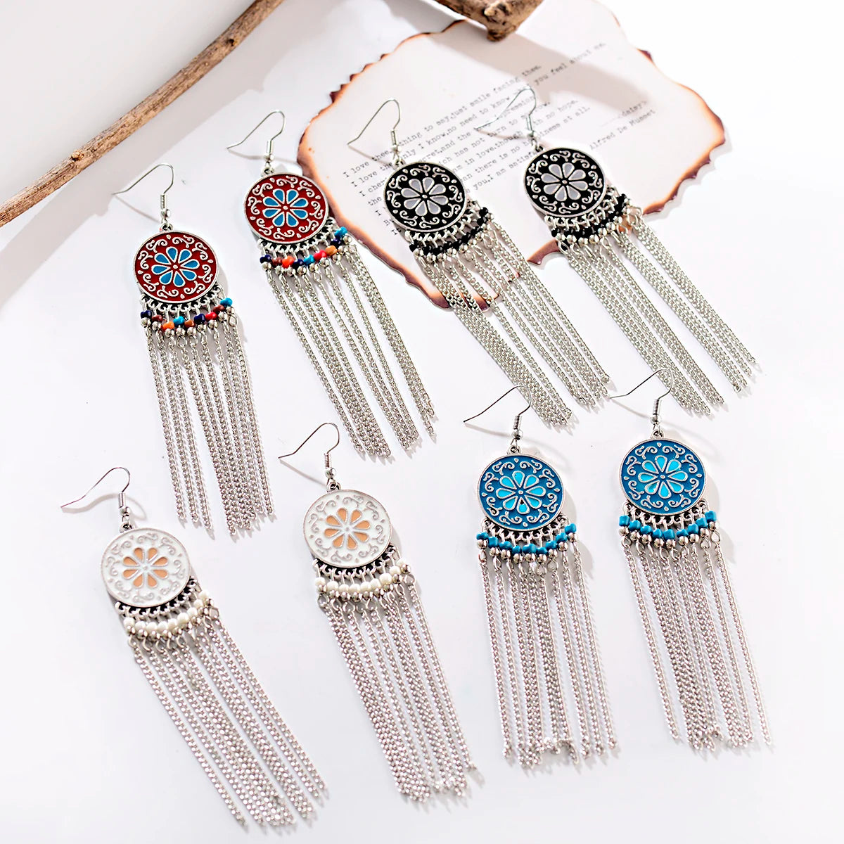 Douvei HXESET-4 Vintage Long Alloy Tassel Drop-shaped Carved Micro PPD Bead Bohemian Hoop Earrings Seven Tassel Drop Jewelry
