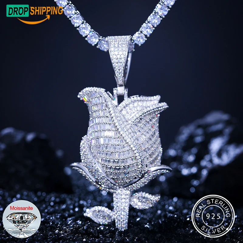 Dropshipping Moissanite Baguette Rose Pendant 925 Sterling Silver Big Clasp Iced Out Hip Hop Jewelry Men Necklace Hiphop