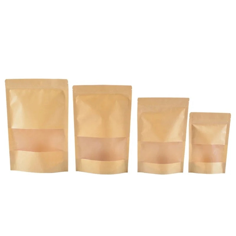 2026 Cheap Craft Zip Lock Stand up Pouch Kraft Paper Bag with Clear Window Zipper for Food Flour Nut Rice Tea Spices Charcoal