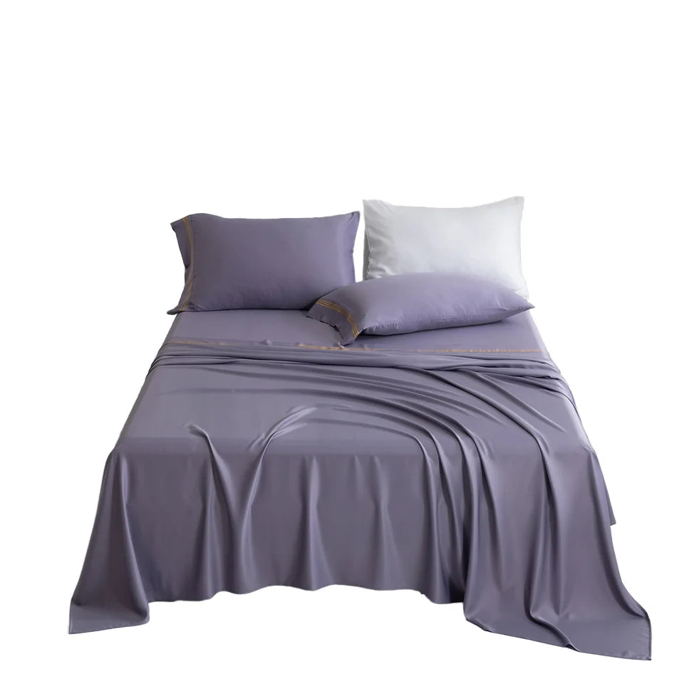 Hot Sale Solid Color Gold Edge Design Polyester Print King Size Four Piece Folded Luxury Bed Sheet Pillowcase Bedding for Hotel