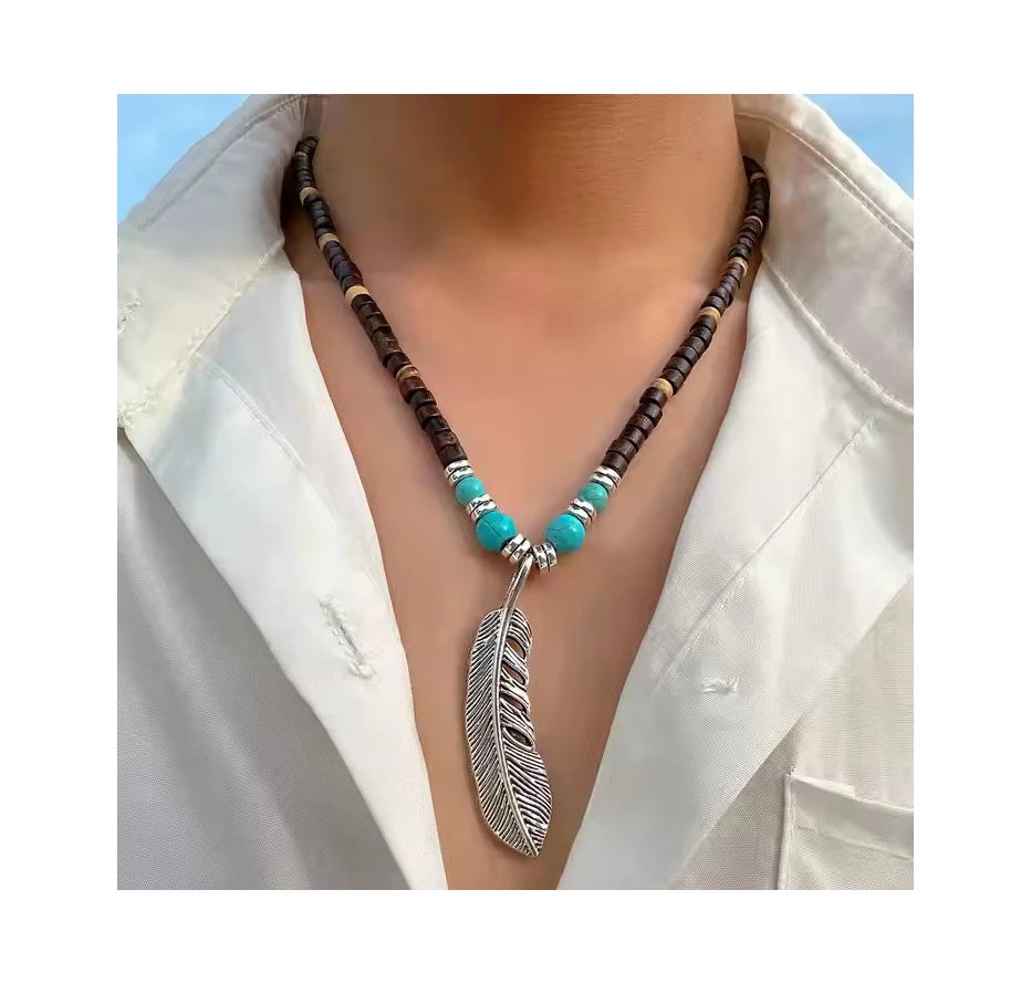 Bohemian Handmade Wooden Beads Necklace Turquoise Stone Clavicular Chain Feather Necklace for Men Jewelry
