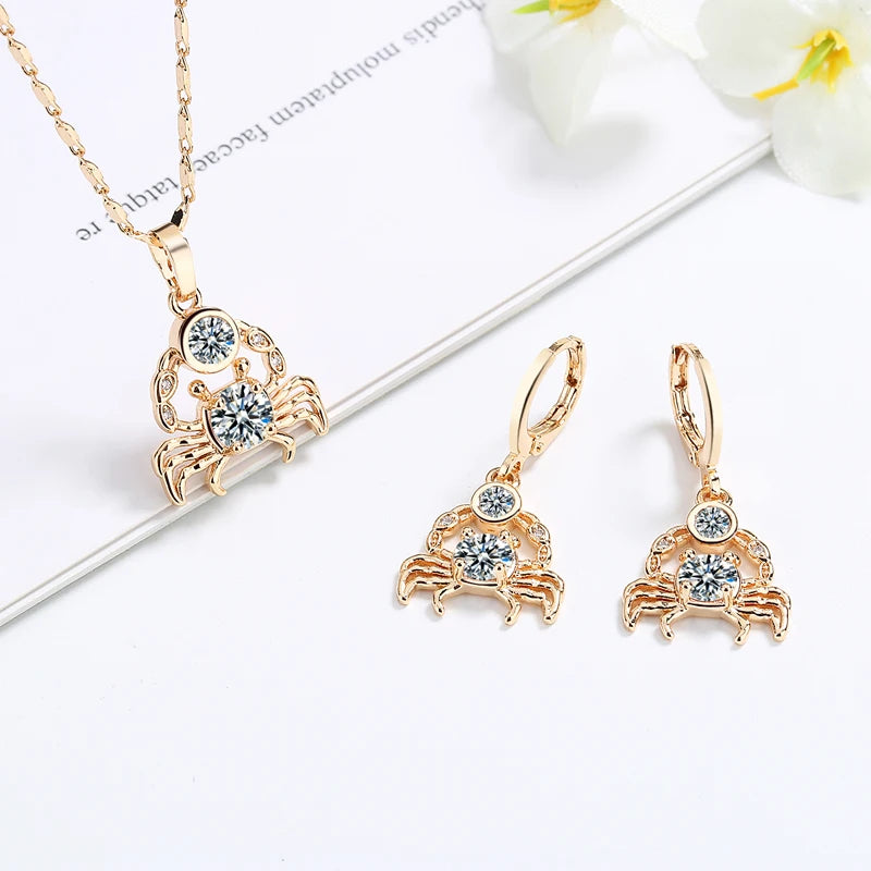 2022 HD Jewelry Sets Gold Crab Animals Design  Fashion Drop Earrings Pendant Necklaces Zodiac Sign 18K Gold AAA Cubic Zirconia