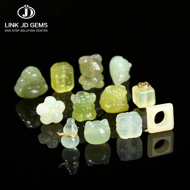 JD Natural Light Green Jade Carved Animals Shape Wealth Gourd Cat Shape Lucky Lock Cute Charm Beads for Jewelry Making