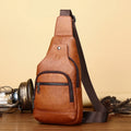 SCHLATUM Genuine Leather Men's Vintage Crossbody Sling Bag Cowhide Chest Bag with Earphone Hole and USB Charge