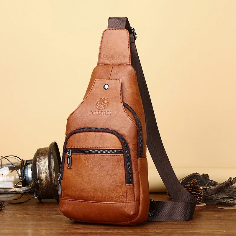 SCHLATUM Genuine Leather Men's Vintage Crossbody Sling Bag Cowhide Chest Bag with Earphone Hole and USB Charge