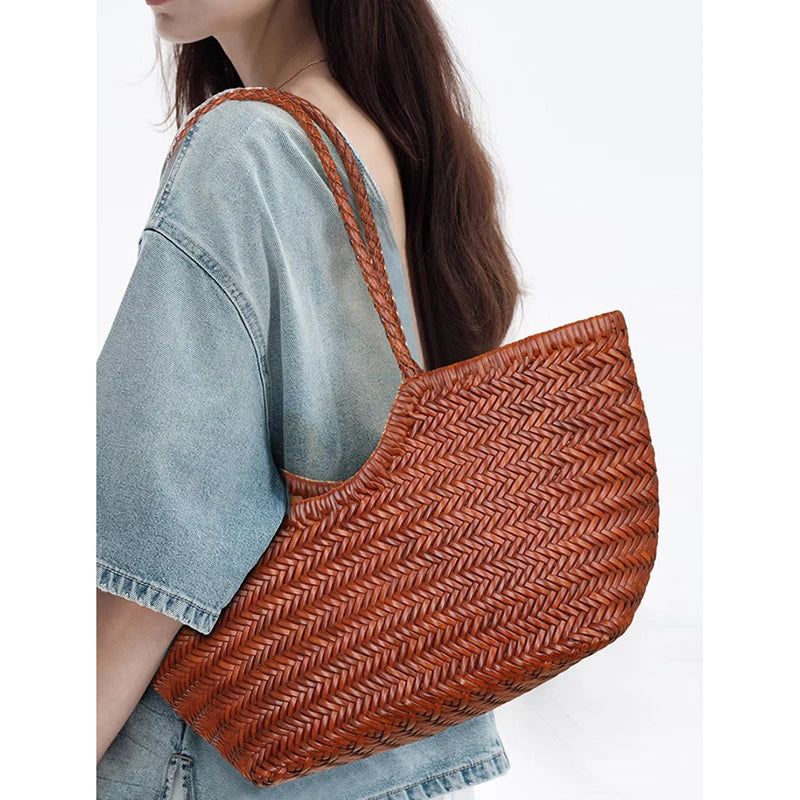 Retro Genuine Leather Customized Female Shoulder Braid Tote Bag Vintage Luxury Woman Big Woven Weave Basket Handbag Purse