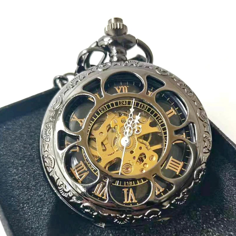 Antique Skeleton Black Hand Winding Mechanical Retro Roman Pocket Watches