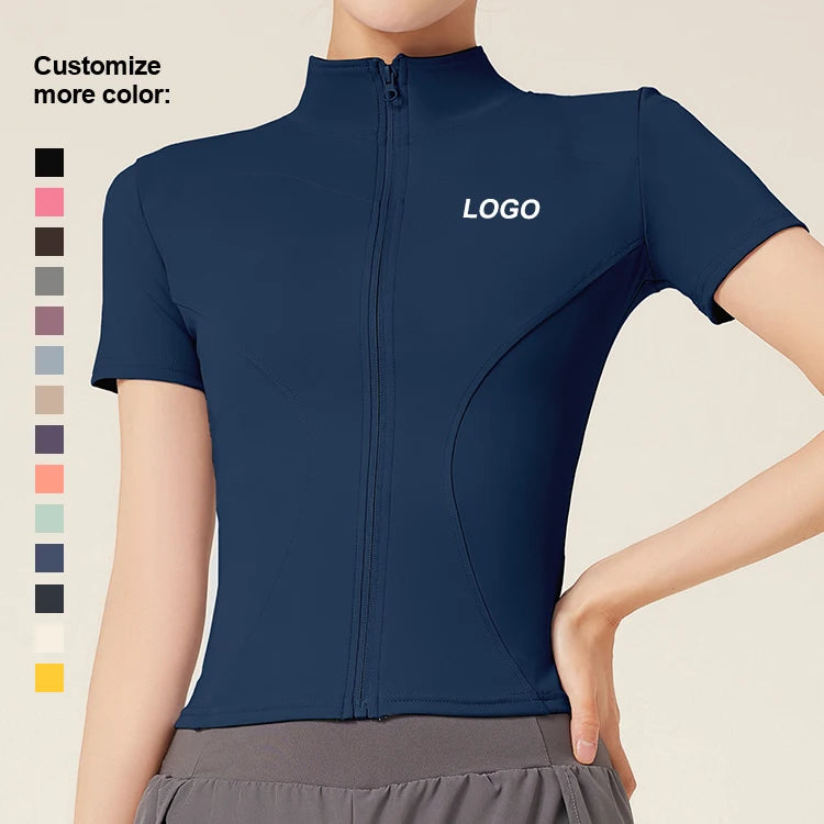 Custom Women Soft Comfortable Outwork Sports Short Sleeves Gym Zip up Jackets Tight Running Yoga Fitness Top