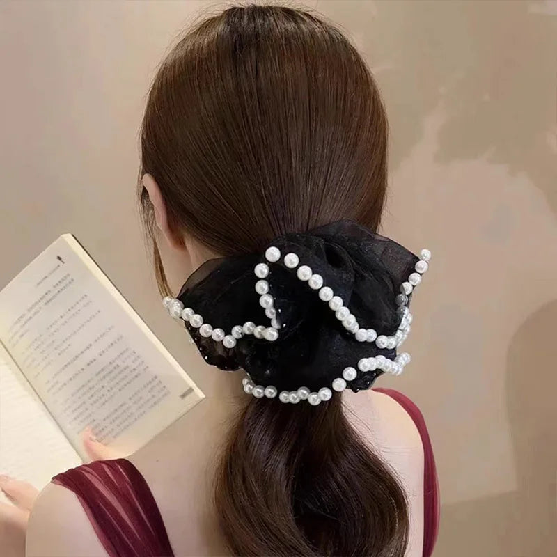 Wholesale Elegant Pearl Knotbow Strong Elastic Hair Bands Ties Rope Satin Black Scrunchies for Women Girls