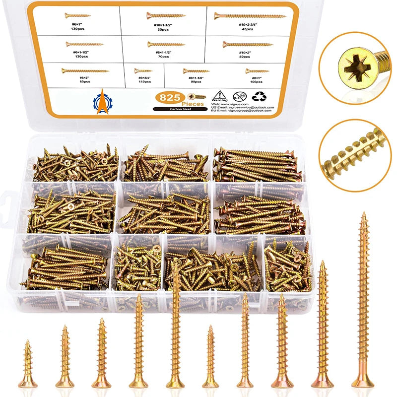825PCS Self Tapping Screw Assortment Kit Inc Plated Carbon Steel Screws for Wood Screw Assortment Kit