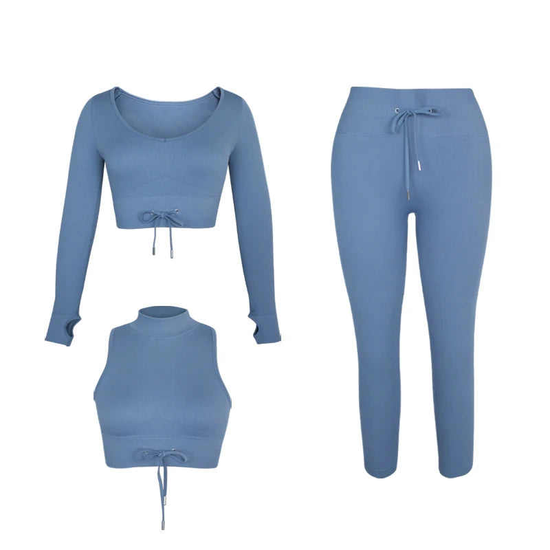 FLW Solid Breathable 3-Piece Workout Sports Clothing Set for Women Gym Activewear Seamless Yoga Active Wear Spandex/Nylon