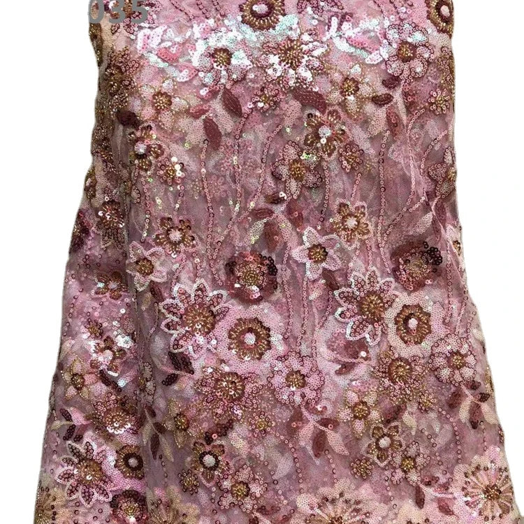 Pink Flower Embroidery Fabric Wedding Dress French Lace Fabric Beads Sequin Fabric for Party Dresses