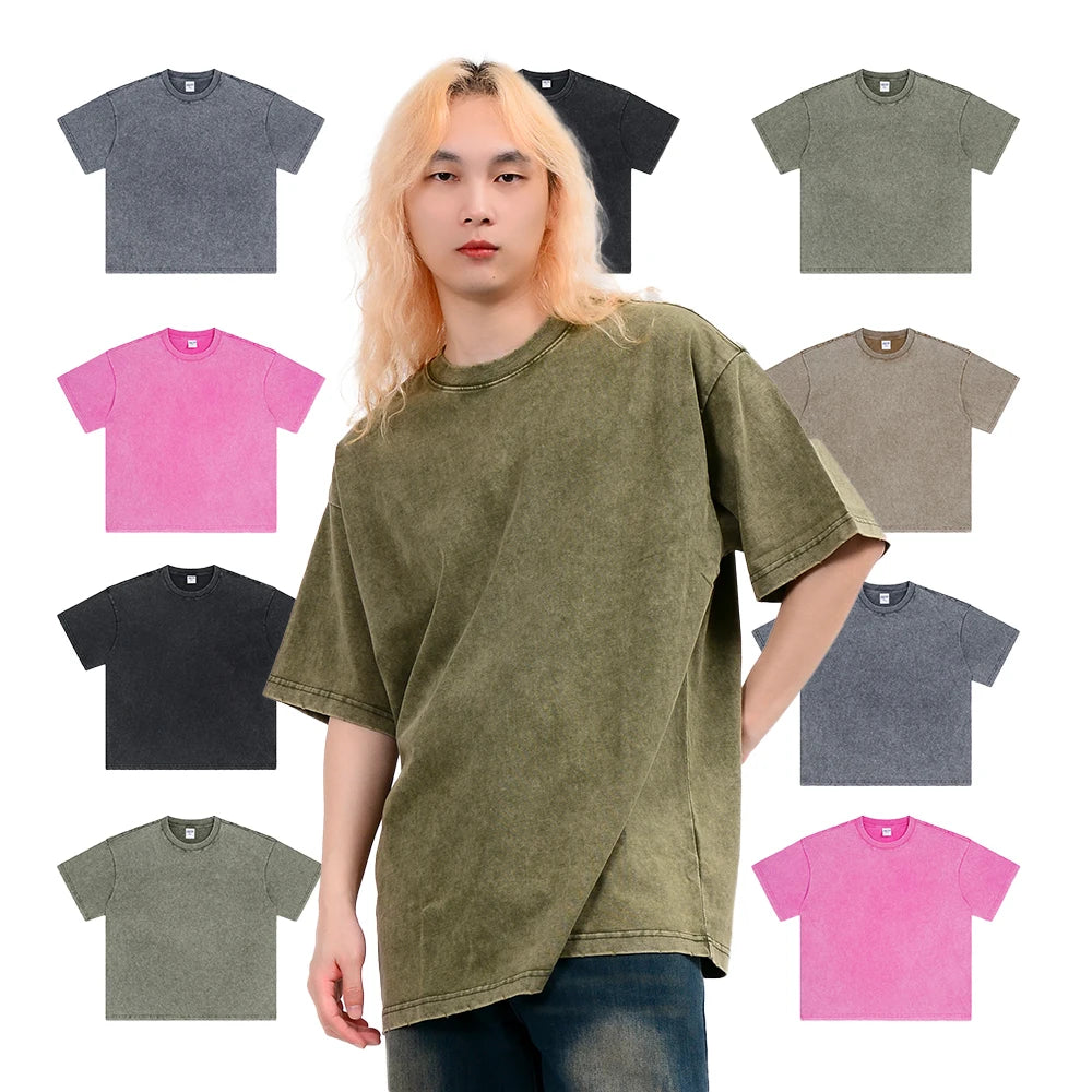 Cotton t Shirt Cut and Sew T-shirt Batik 275 Gsm Acid Wash Vintage T Shirt Wormhole Worn-out Oversized t Shirt Men's T-shirts