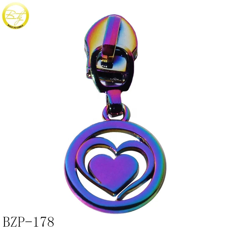 Fashion Heart Shape Zipper Puller rainbow Logos Hollow Purse Reflective Puller Slider Brand Tags for Bags