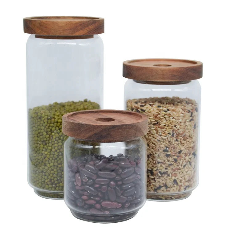 500ml 1000ml High Borosilicate Glass Eco-Friendly Food Containers Storage Jars with Wooden Acacia Lids in Bulk