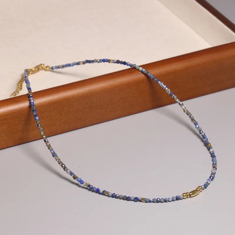 Minimalist 2mm Lapis Lazuli Healing Faceted Stone Beaded Necklace for Women Men Pearl Charm Adjustable Chain Choker Jewelry Gift