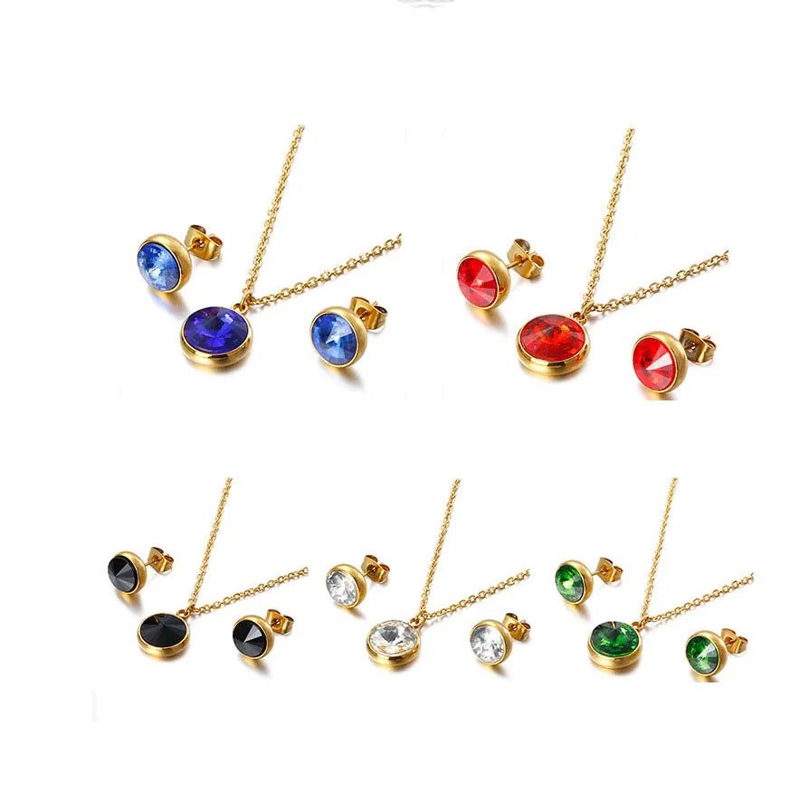 Multi Color Two Piece Stainless Steel Zircon Round Zircon Gold Plated Necklace Earrings Jewelry Set